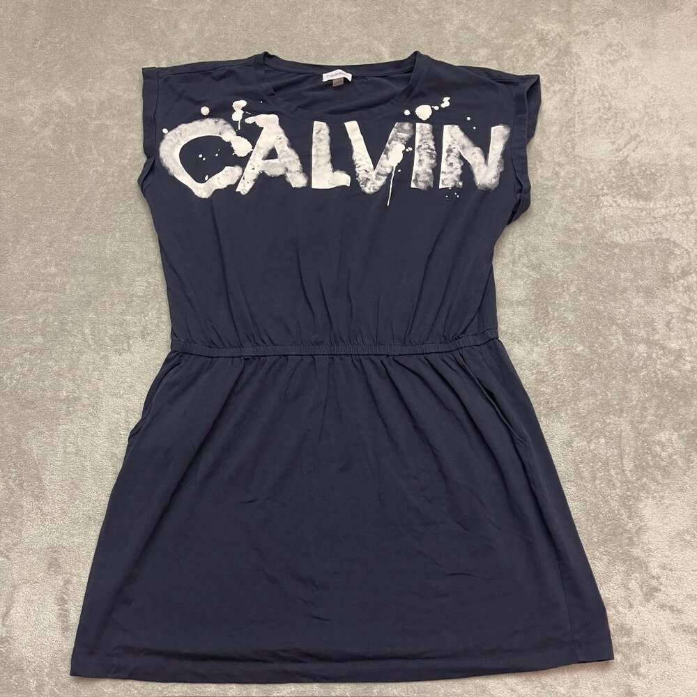 Calvin Klein Womens Casual Shirt Dress Navy Blue Spell Out Knee Length Size 2X